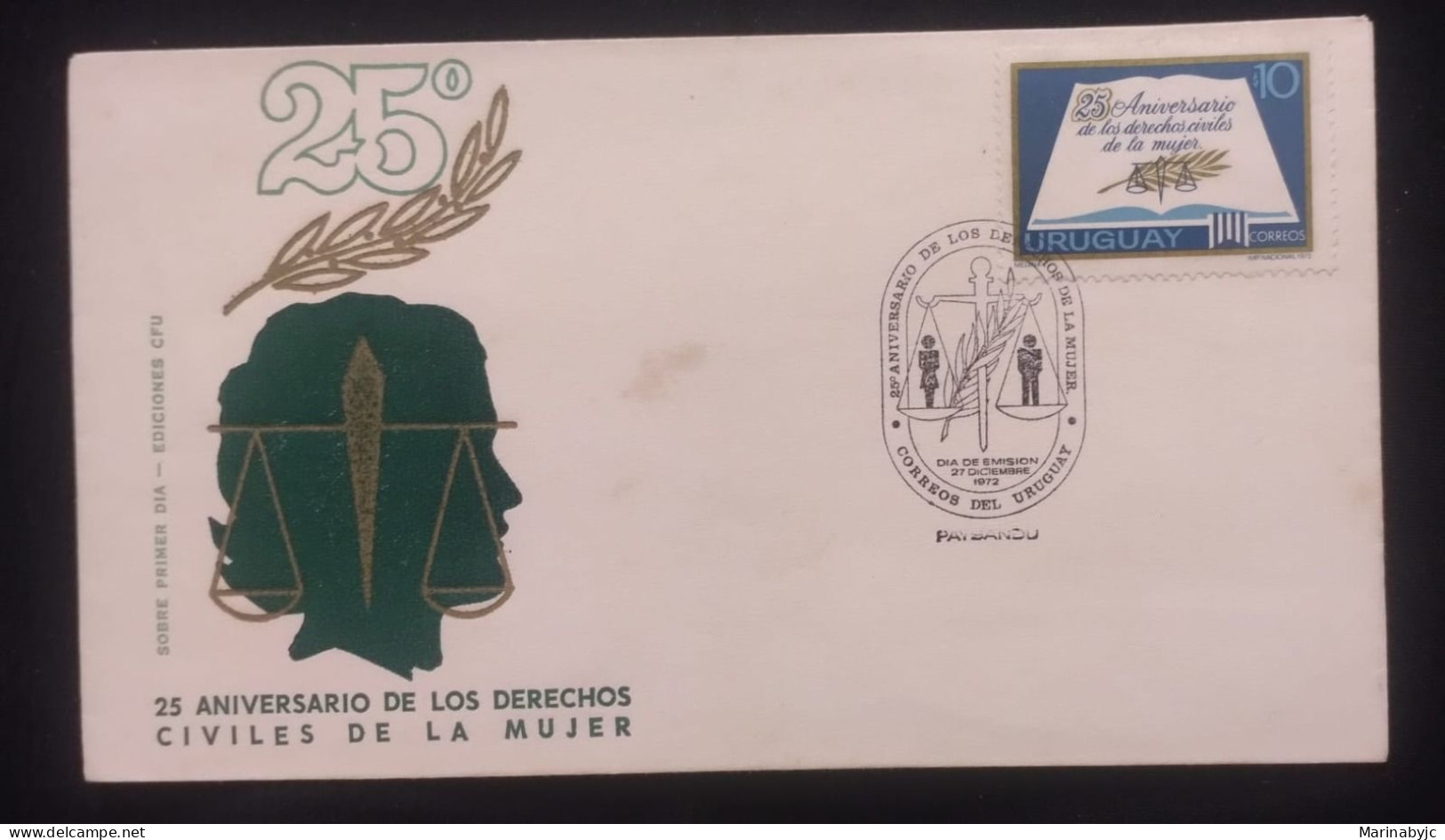 D)1972, URUGUAY, FIRST DAY COVER, ISSUE, 25TH ANNIVERSARY OF THE CIVIL RIGHTS OF WOMEN, FDC - Uruguay