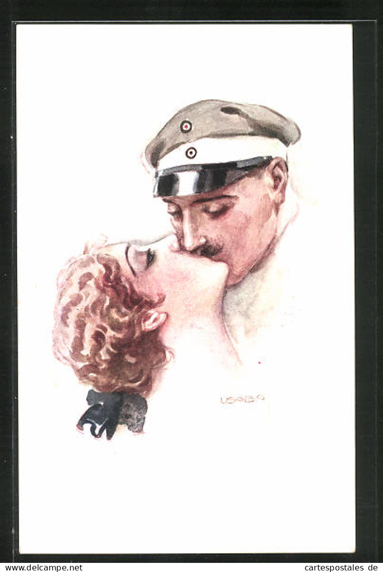 Künstler-AK Luis Usabal: Soldat Mit Schirmmütze Küsst Frau  - Usabal