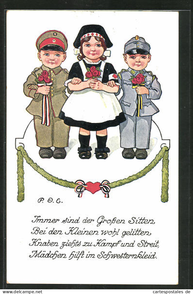 Künstler-AK P. O. Engelhard (P.O.E.): Rotkreuz-Schwester Von Zweibund-Soldaten Flankiert  - Engelhard, P.O. (P.O.E.)
