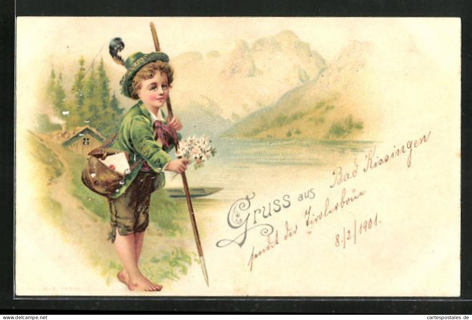 Glitzer-AK Junge In Tracht Mit Alpenblumen Am Ufer  - Vestuarios