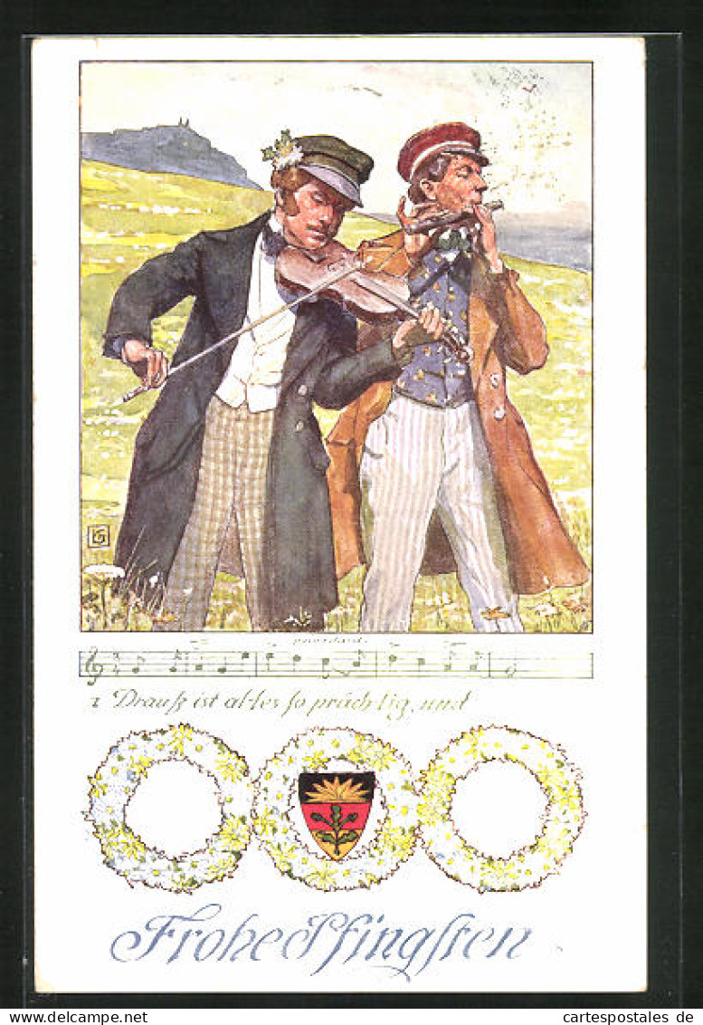 Künstler-AK Karl Friedrich Gsur, Deutscher Schulverein Nr. 107: Pfingstgruss, Zwei Musikanten  - Guerre 1914-18