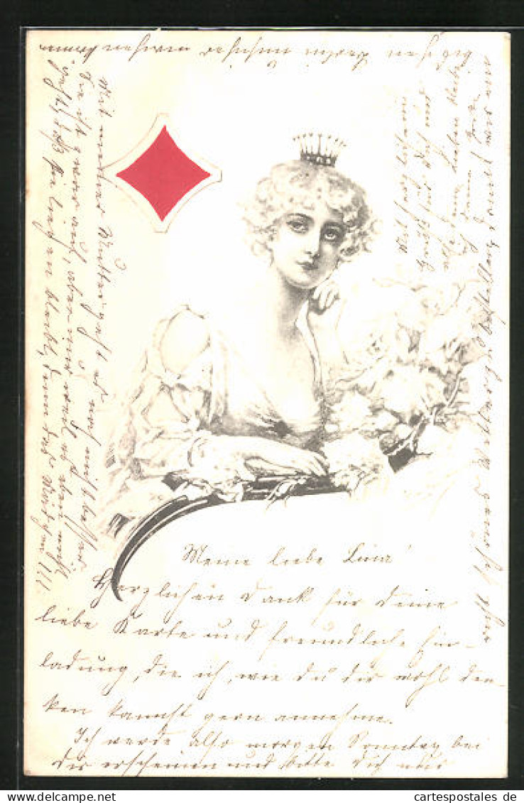 Künstler-AK Kartenspiel, Karo Dame  - Playing Cards