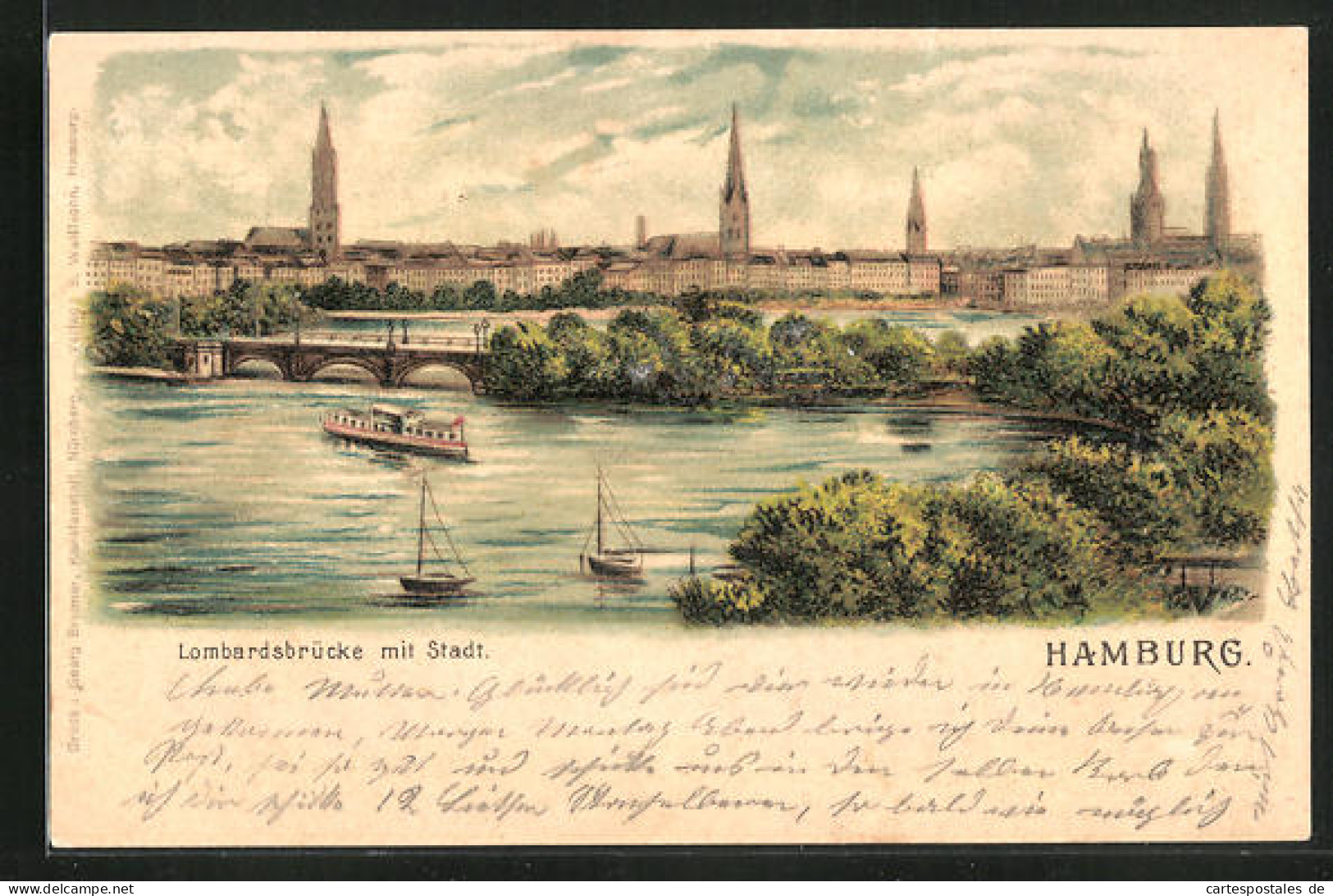 Lithographie Hamburg, Lombardsbrücke Mit Stadt  - Mitte