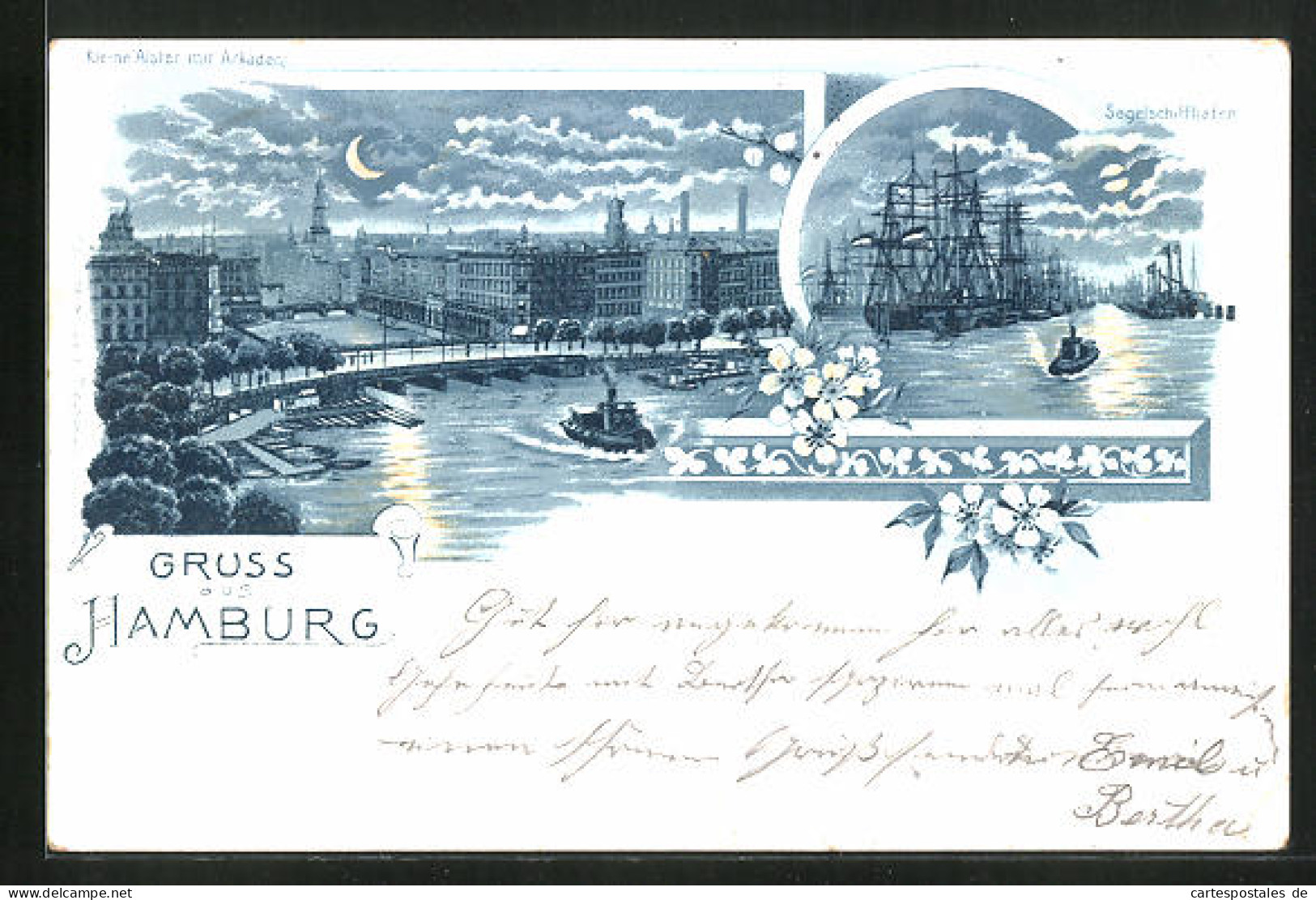 Mondschein-Lithographie Hamburg, Segelschiffhafen Und Kleine Alster Mit Akaden Bei Nacht  - Mitte