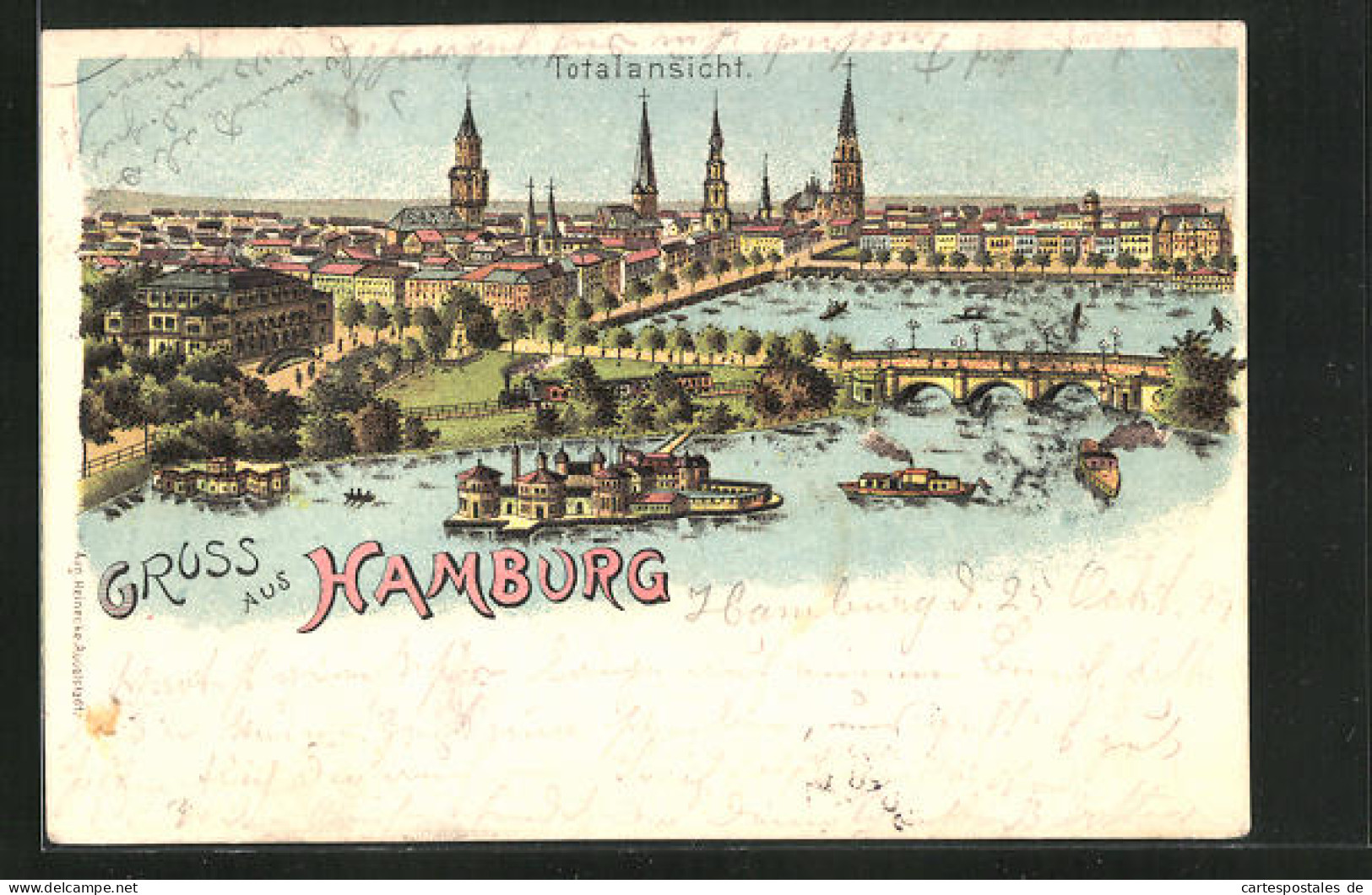 Lithographie Hamburg, Totalansicht Der Stadt Mit Schiffen  - Mitte