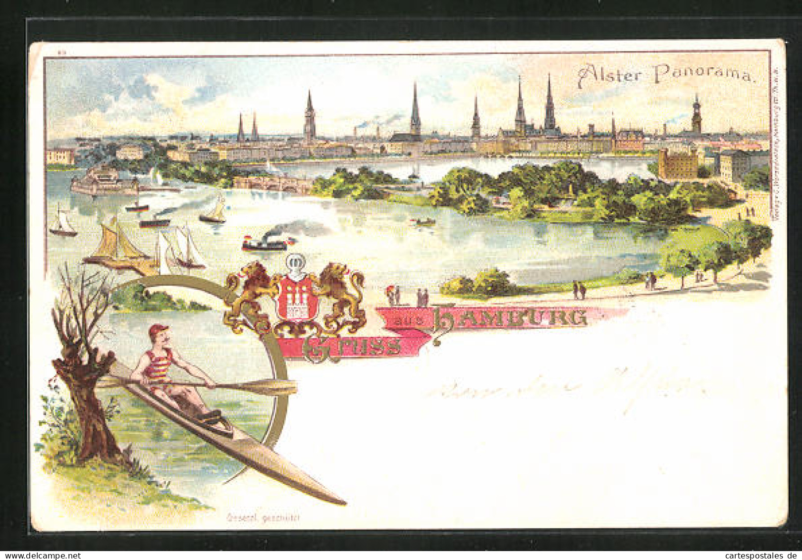 Lithographie Hamburg, Alsterpromenade Mit Schiffen Und Kanufahrer  - Mitte