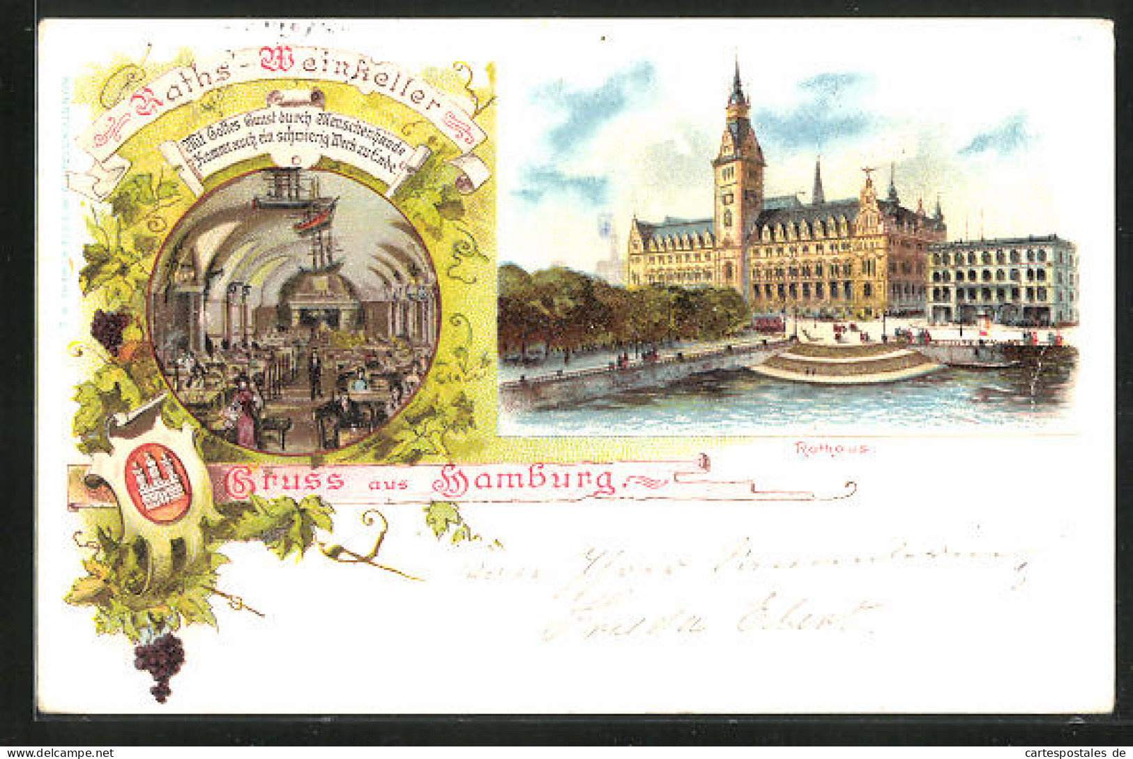 Lithographie Hamburg, Gasthaus Ratswein-Keller Und Flusspartie Mit Rathaus  - Mitte