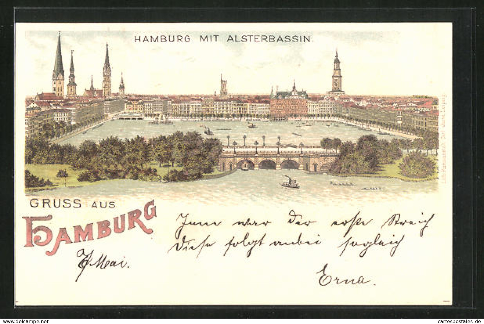 Lithographie Hamburg, Alsterbassin Mit Schiffen  - Mitte