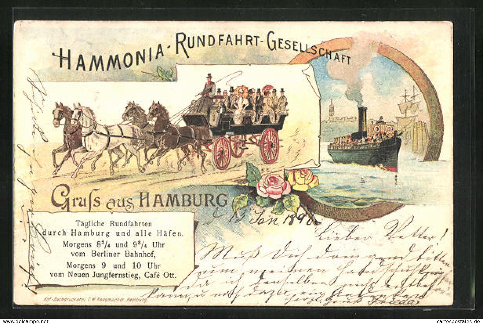 Lithographie Hamburg, Hammonia-Rundfahrt-Gesellschaft, Pferdekutsche Und Dampfer  - Mitte