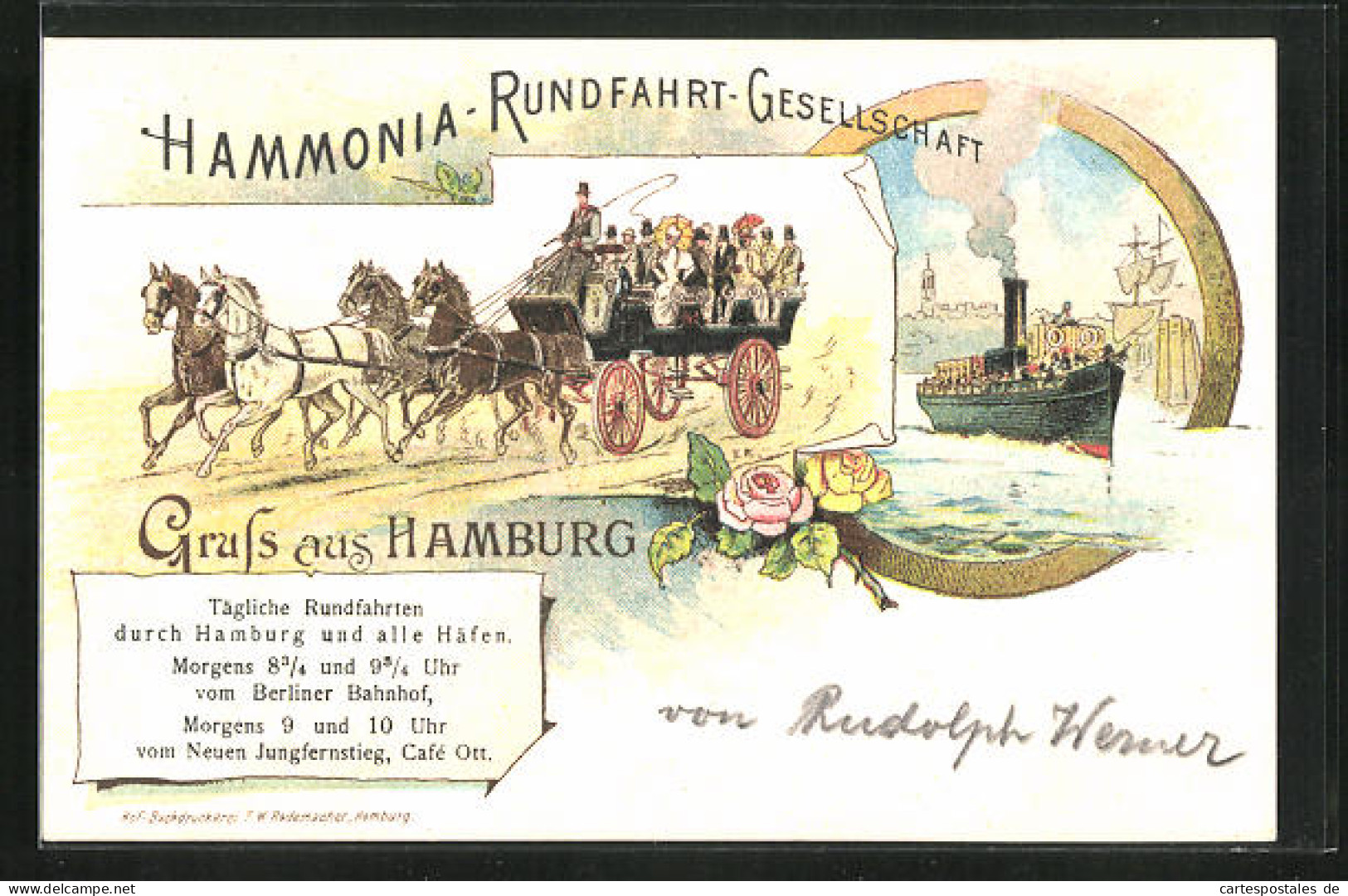 Lithographie Hamburg, Pferdekutsche Und Dampfer, Hammonia-Rundfahrt-Gesellschaft  - Mitte