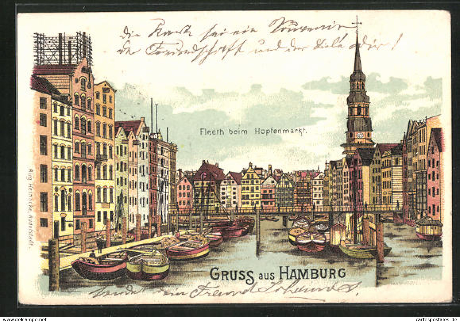 Lithographie Hamburg, Fleet Beim Hopfenmark  - Mitte