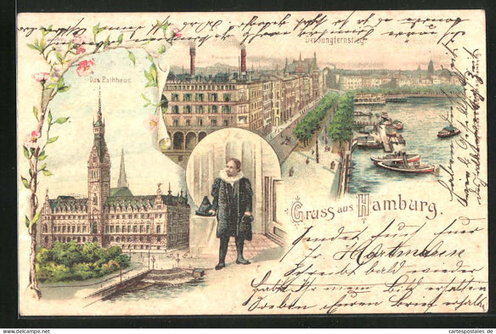 Lithographie Hamburg, Rathaus Und Der Jungfernstieg  - Mitte