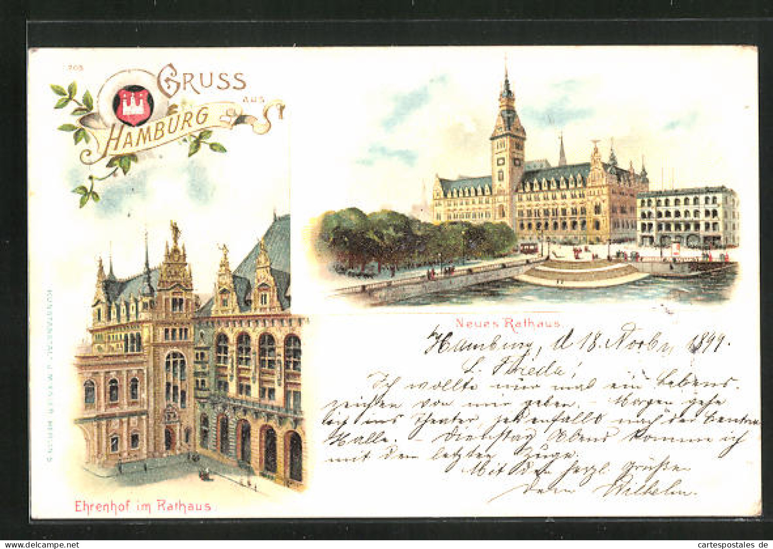 Lithographie Hamburg, Neues Rathaus Mit Ehrenhof  - Mitte