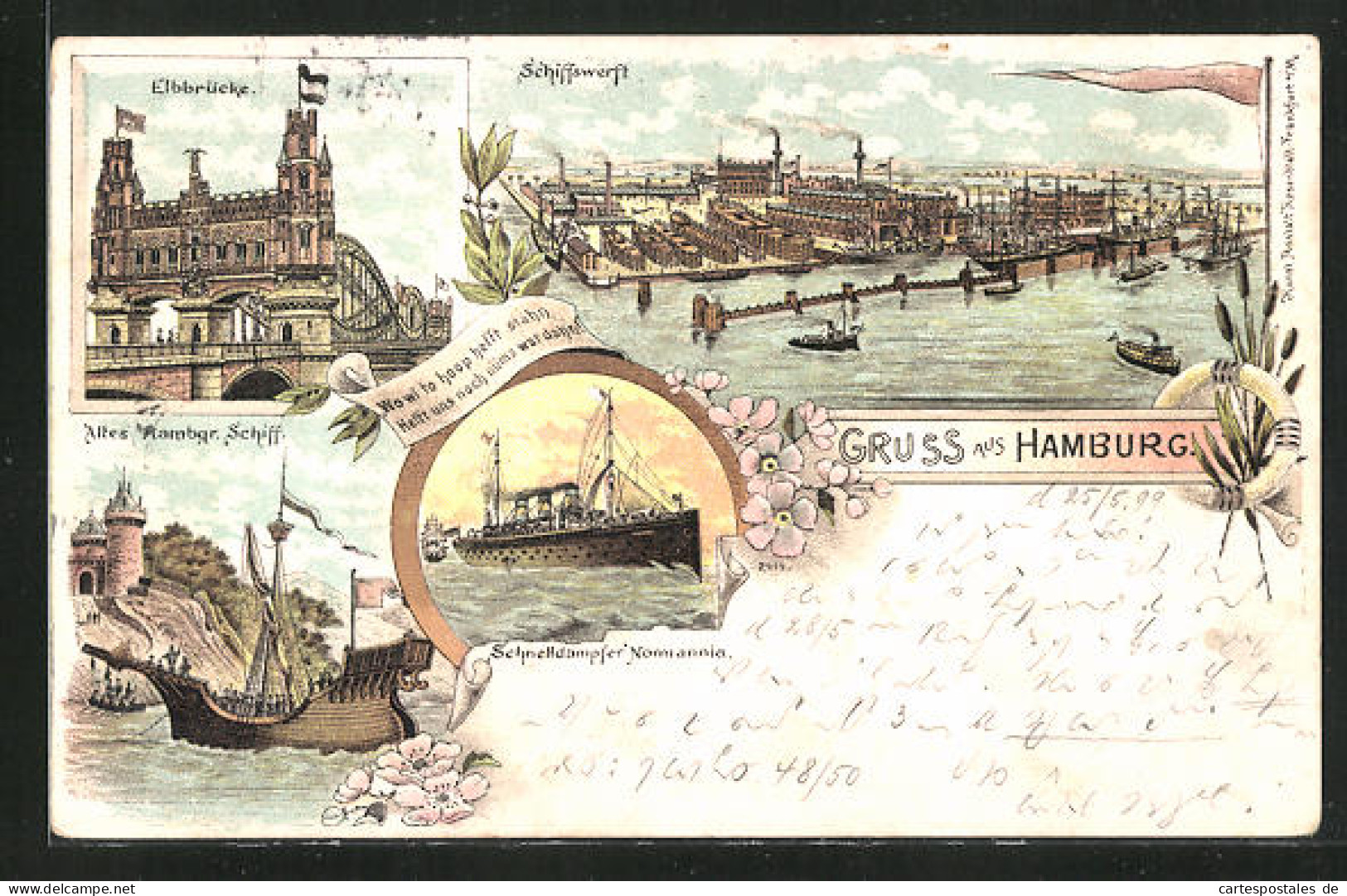 Lithographie Hamburg, Schnelldampfer Normannia, Schiffswerft, Elbbrücke  - Mitte