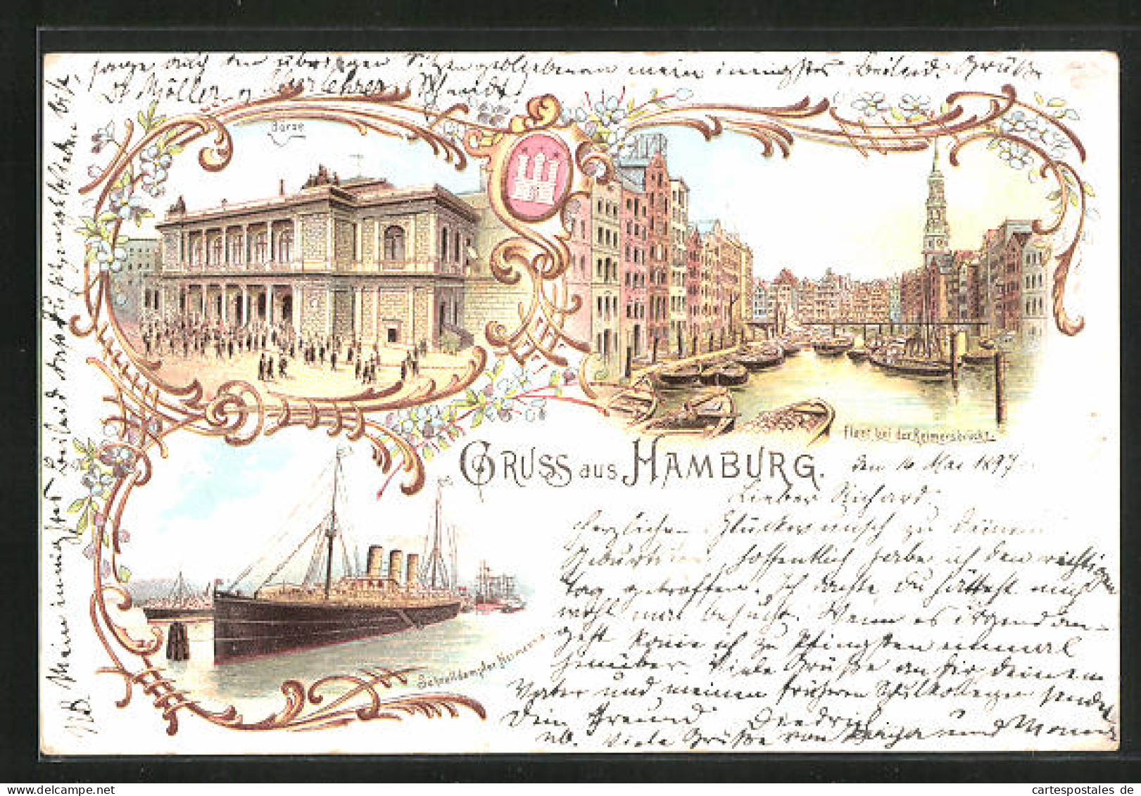 Lithographie Hamburg, Schnelldampfer Normannia, Fleet Bei Der Reimersbrücke  - Mitte