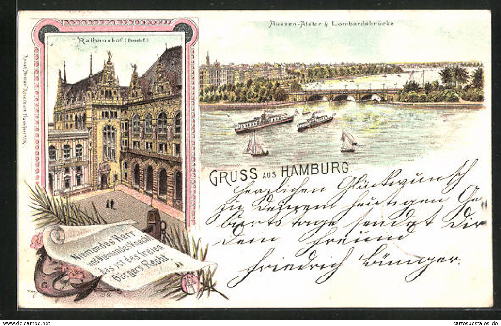 Lithographie Hamburg, Rathaushof-Ehrenhof, Aussen-Alster Und Lombardsbrücke  - Mitte
