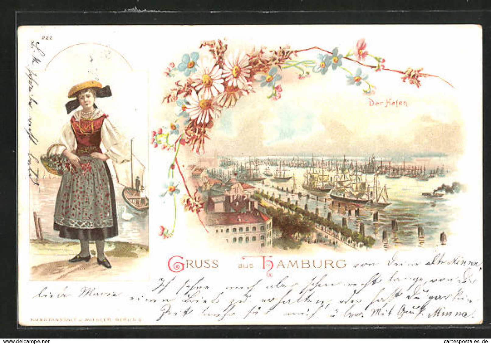 Lithographie Hamburg, Der Hafen Und Frau In Tracht Mit Blumekorb  - Mitte