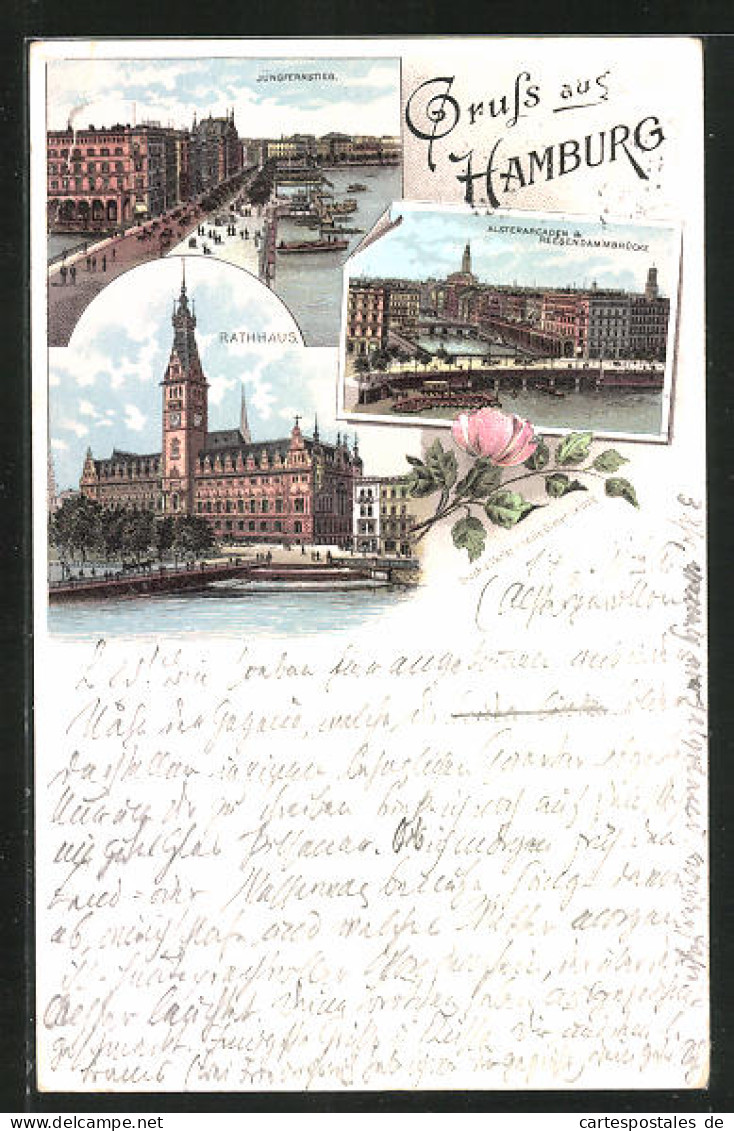 Lithographie Hamburg, Jungfernstieg, Alsterarcaden & Reesendammbrücke, Rathaus  - Mitte