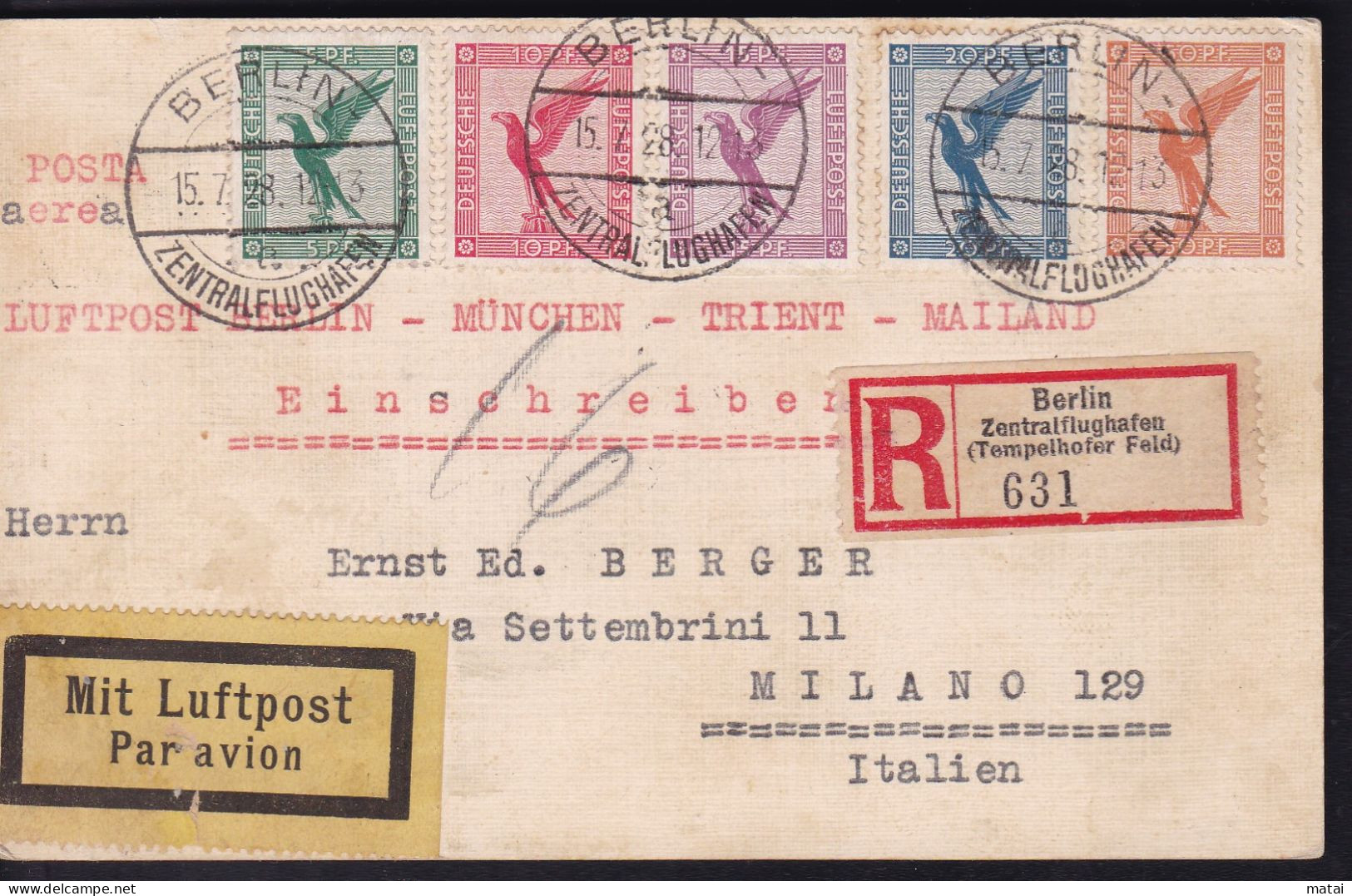 GERMANY 1928 LUFTPOST BERLIN  MUNICH TRIENT MAILAND - Briefe U. Dokumente