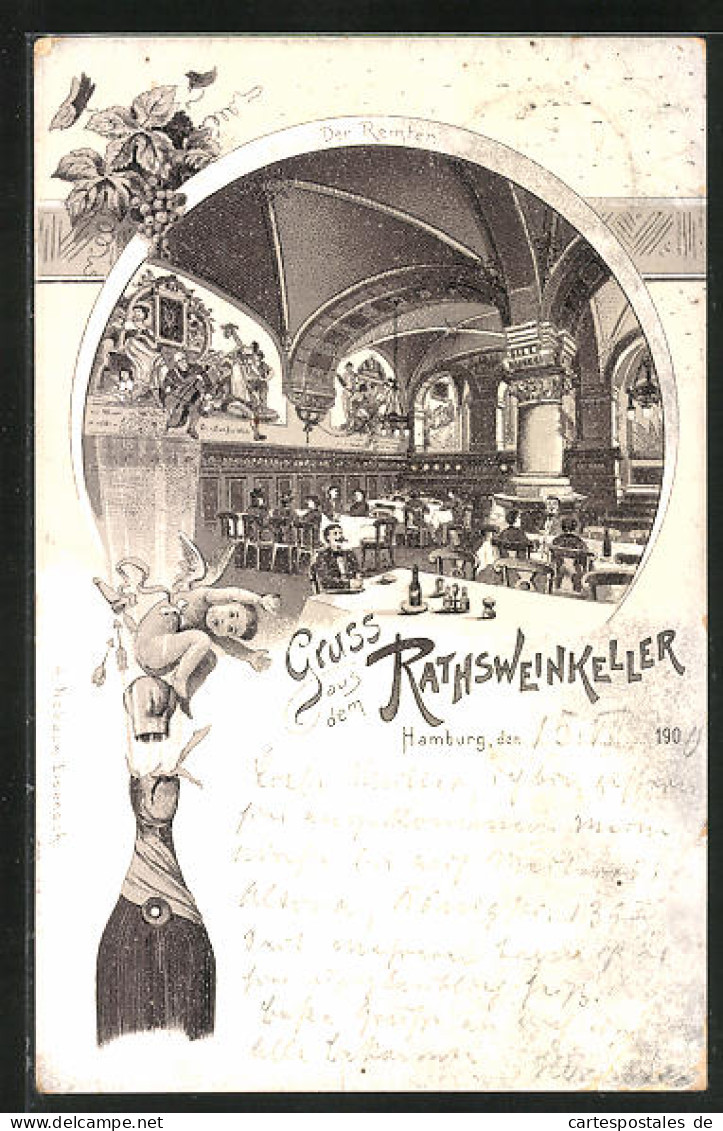 Lithographie Hamburg, Remter Im Rathsweinkeller, Amor Auf Sektflasche  - Mitte