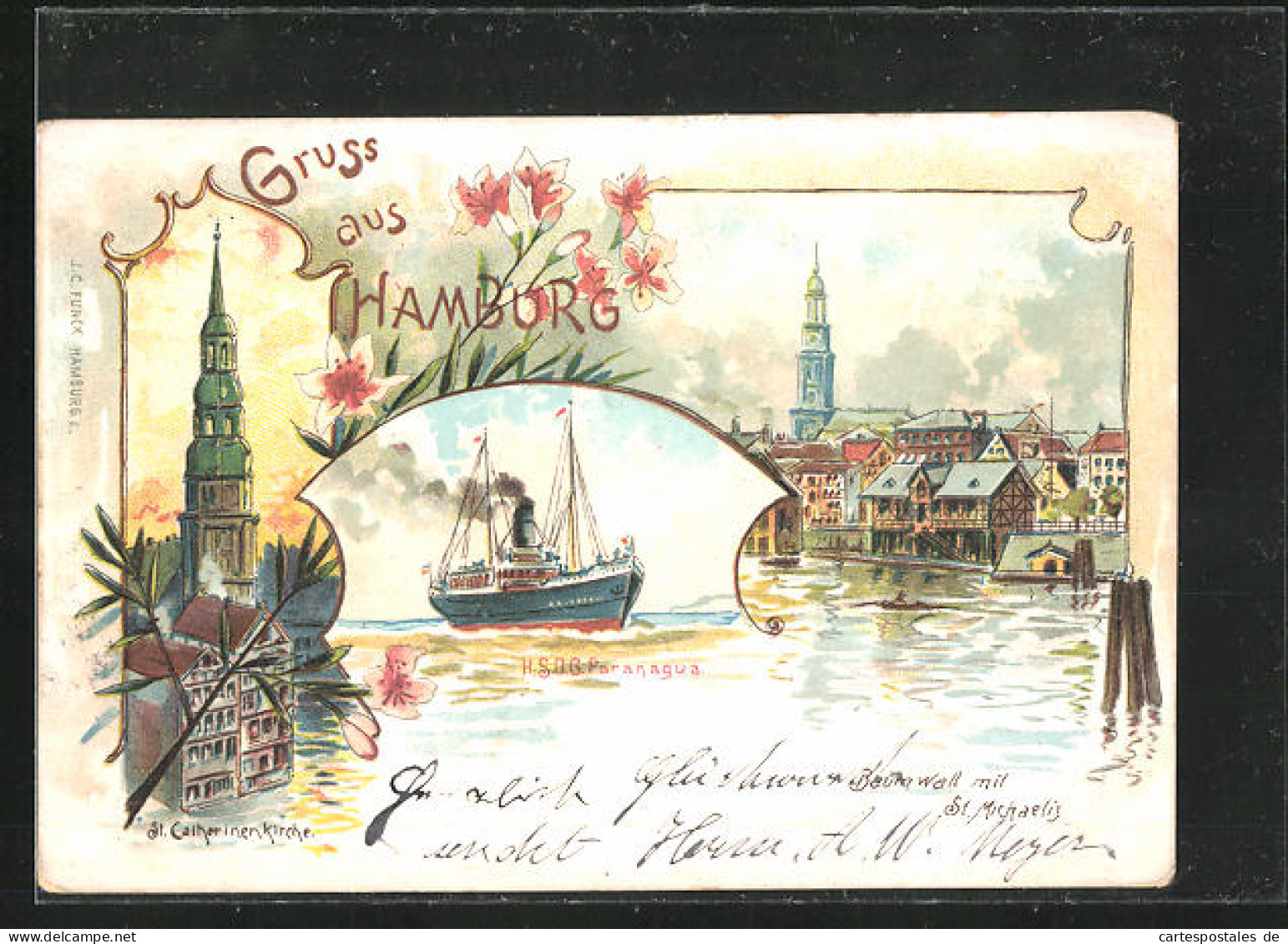 Lithographie Hamburg, St. Catharinenkirche, Hafenpartie & Dampfer H.S.D.G. Paranagua  - Mitte