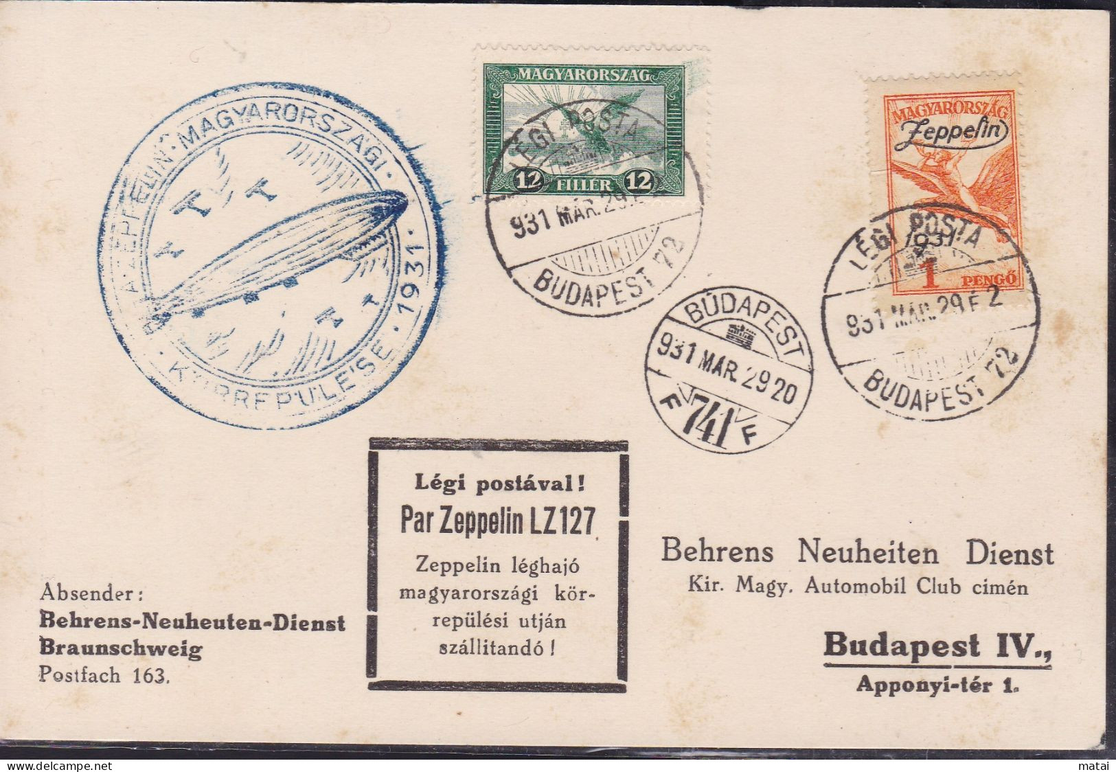 HUNGARY 1929 PAR ZEPPELIN LZ 127 - Cartas & Documentos