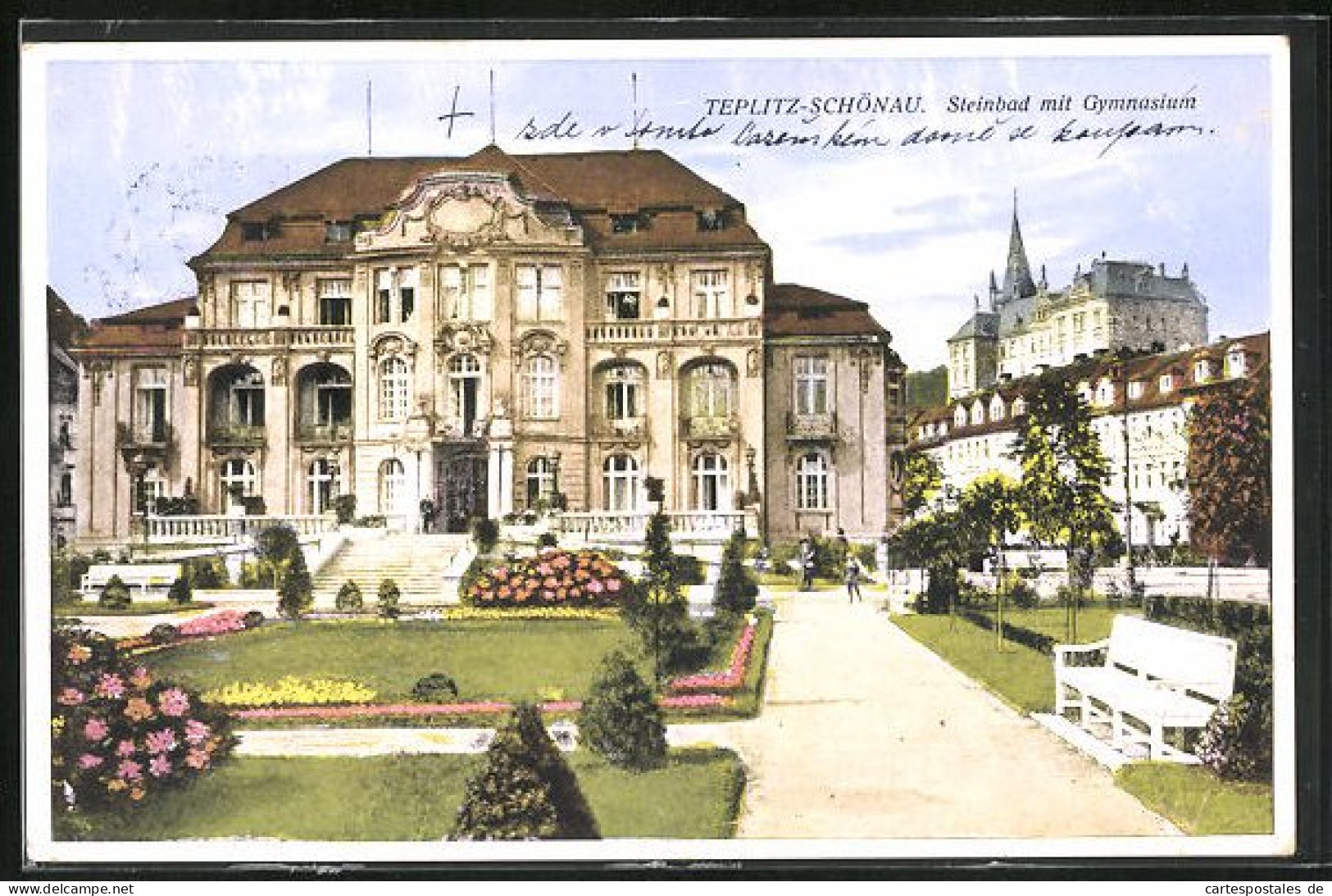 AK Teplitz Schönau / Teplice, Steinbad Mit Dem Gymnasium, In Den Anlagen  - Tschechische Republik