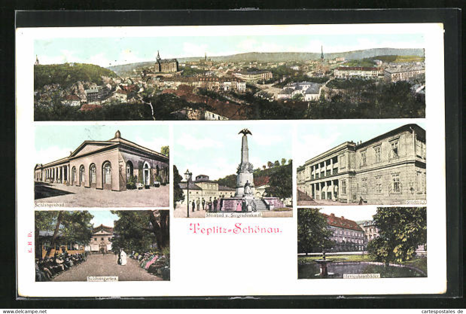 AK Teplitz Schönau / Teplice, Steinbad Und Siegesdenkmal, Schlossgarten, Schlangenbad, Stadttotale, Herrenhausbäder  - Repubblica Ceca