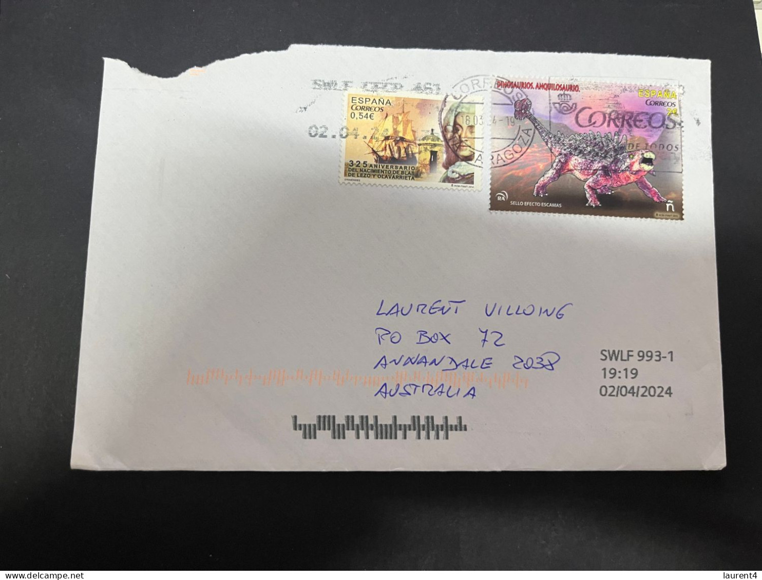 29-4-2023 (3 Z 22) Letter (posted To Australia 2024) Spain (with Special Reflexible Dinosaur Stamp) - Cartas & Documentos