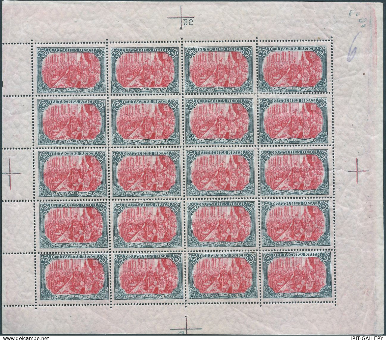 Germany-Deutschland,German Empire,1918 Sheet With 20 Pieces 5Mk. Mint - Original Gum , Michel 97BII - RARITY! - Ongebruikt