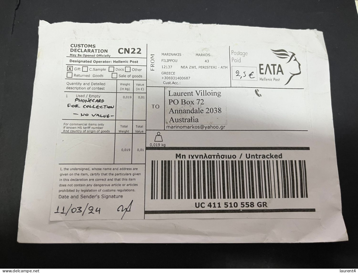 29-4-2023 (3 Z 22) Letter (posted In 2024) 1 Registered Cover From Greece (with Postage Labels - Not Stamps) - Covers & Documents