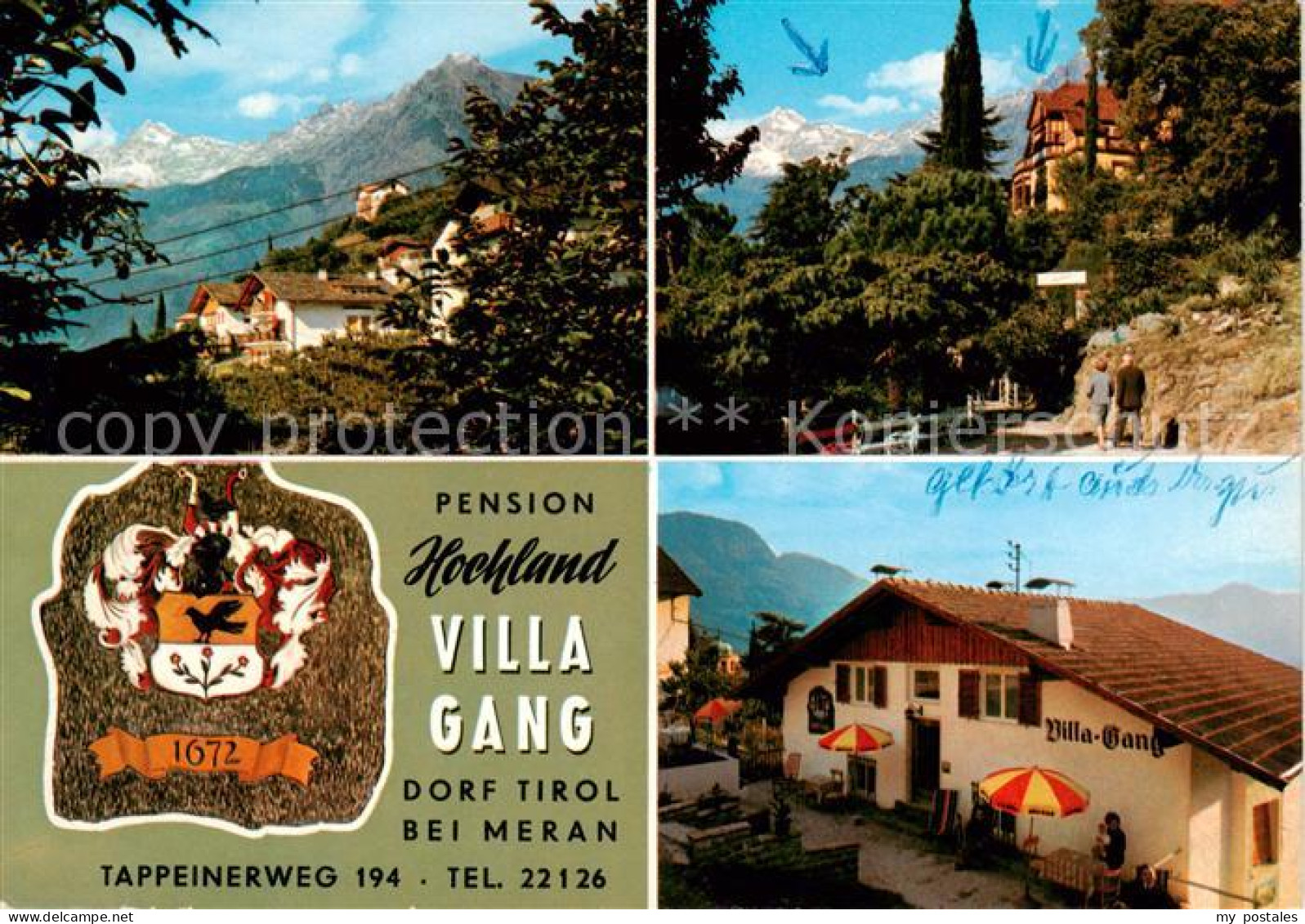 73862268 Dorf-Tirol Suedtirol IT Pension Hochland Villa Gang Wappen Panorama  - Autres & Non Classés