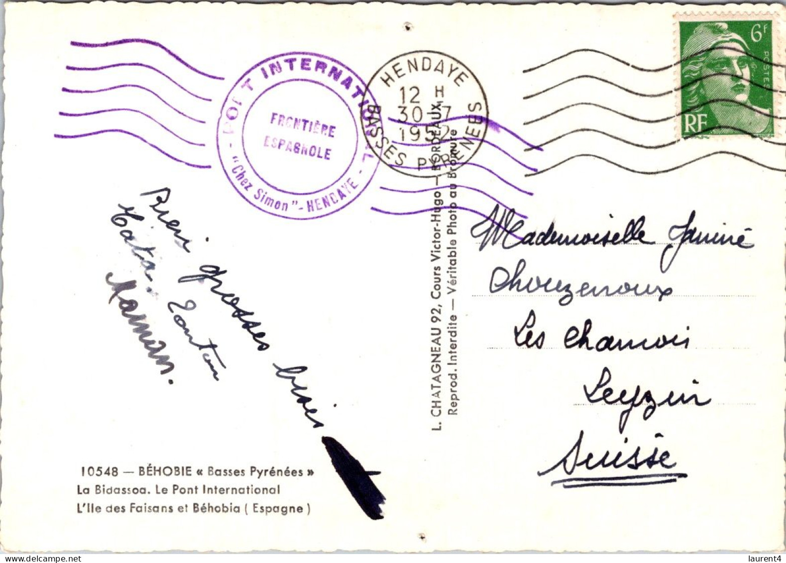 29-4-2024 (3 Z 25 France (posted 1952 To Switzerland) Pont De Béhobie (b/w) - Ponti