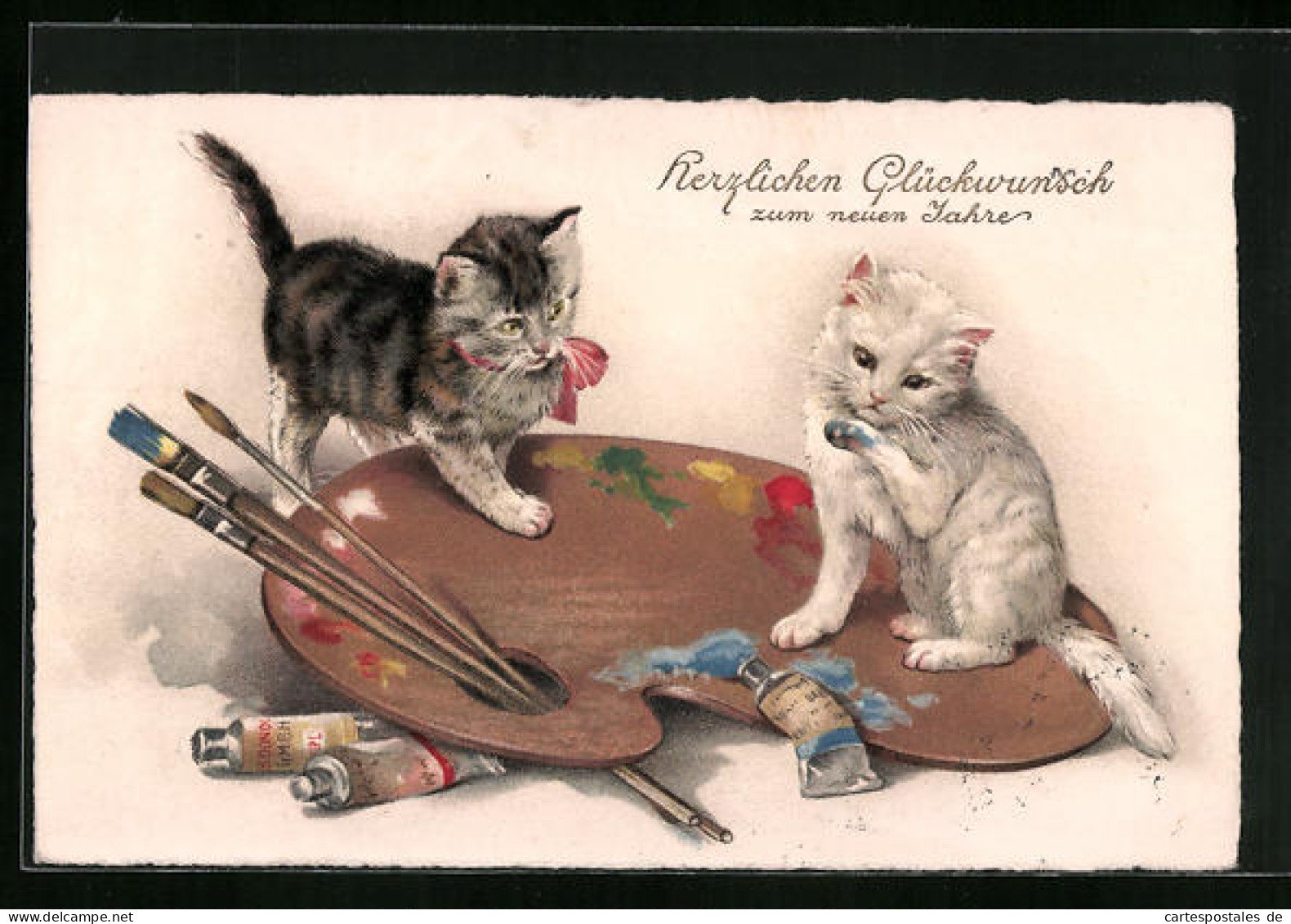 Künstler-AK Zwei Kätzchen Mit Palette Und Farbtuben  - Cats
