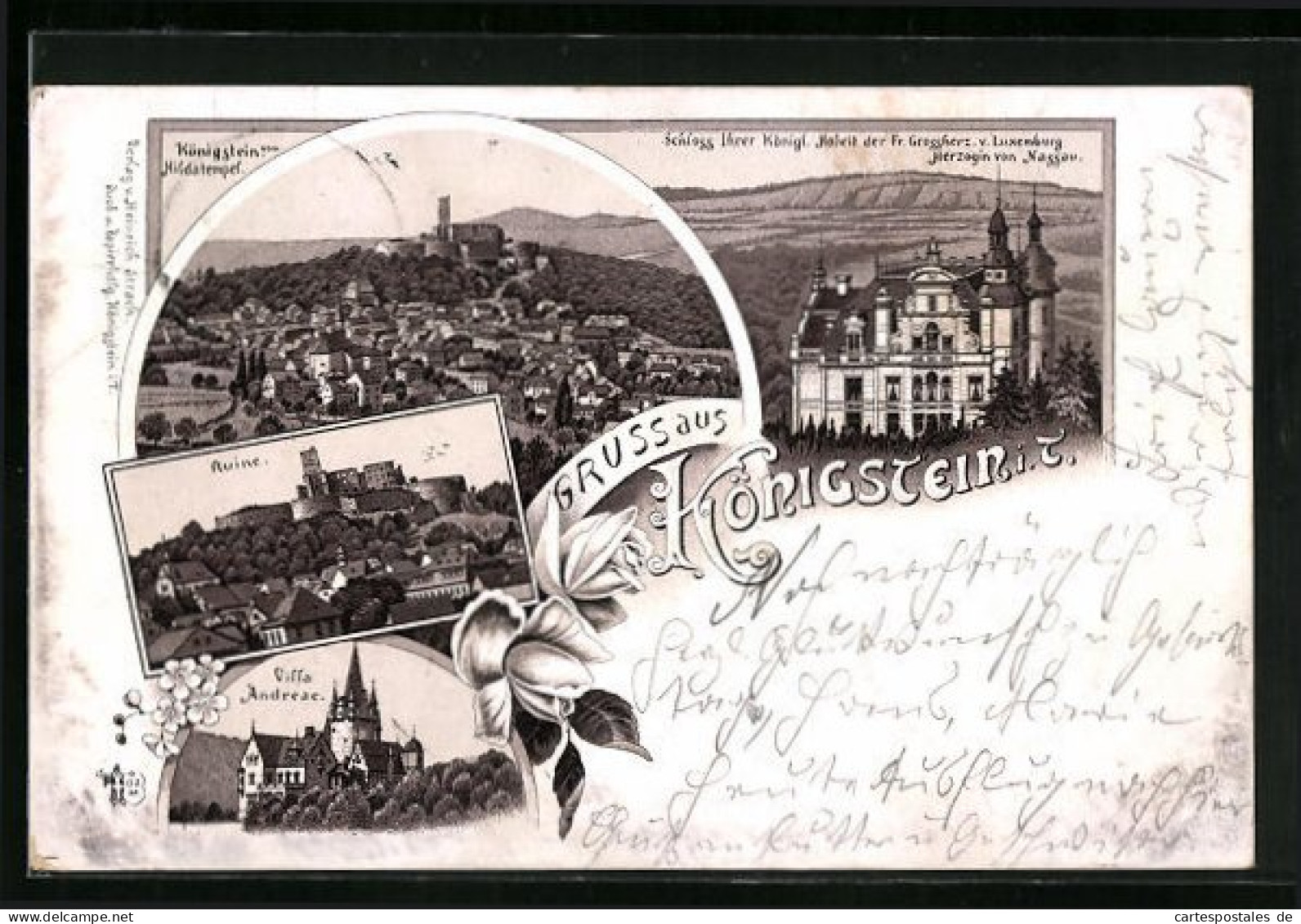 Vorläufer-Lithographie Königstein I. T., 1895, Schloss Ihrer Königl. Hoheit Der Fr. Grossherz. V. Luxemburg  - Königstein