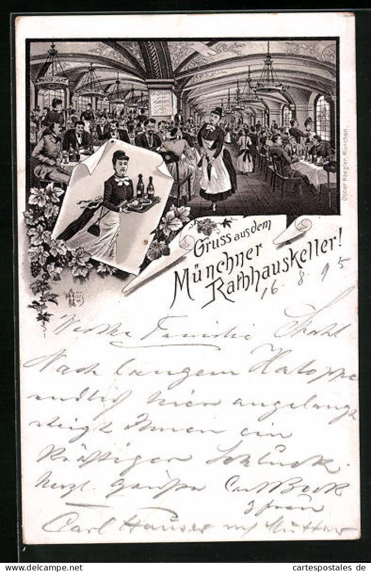Vorläufer-Lithographie München, 1895, Gasthaus Rathauskeller, Innenansicht  - Muenchen
