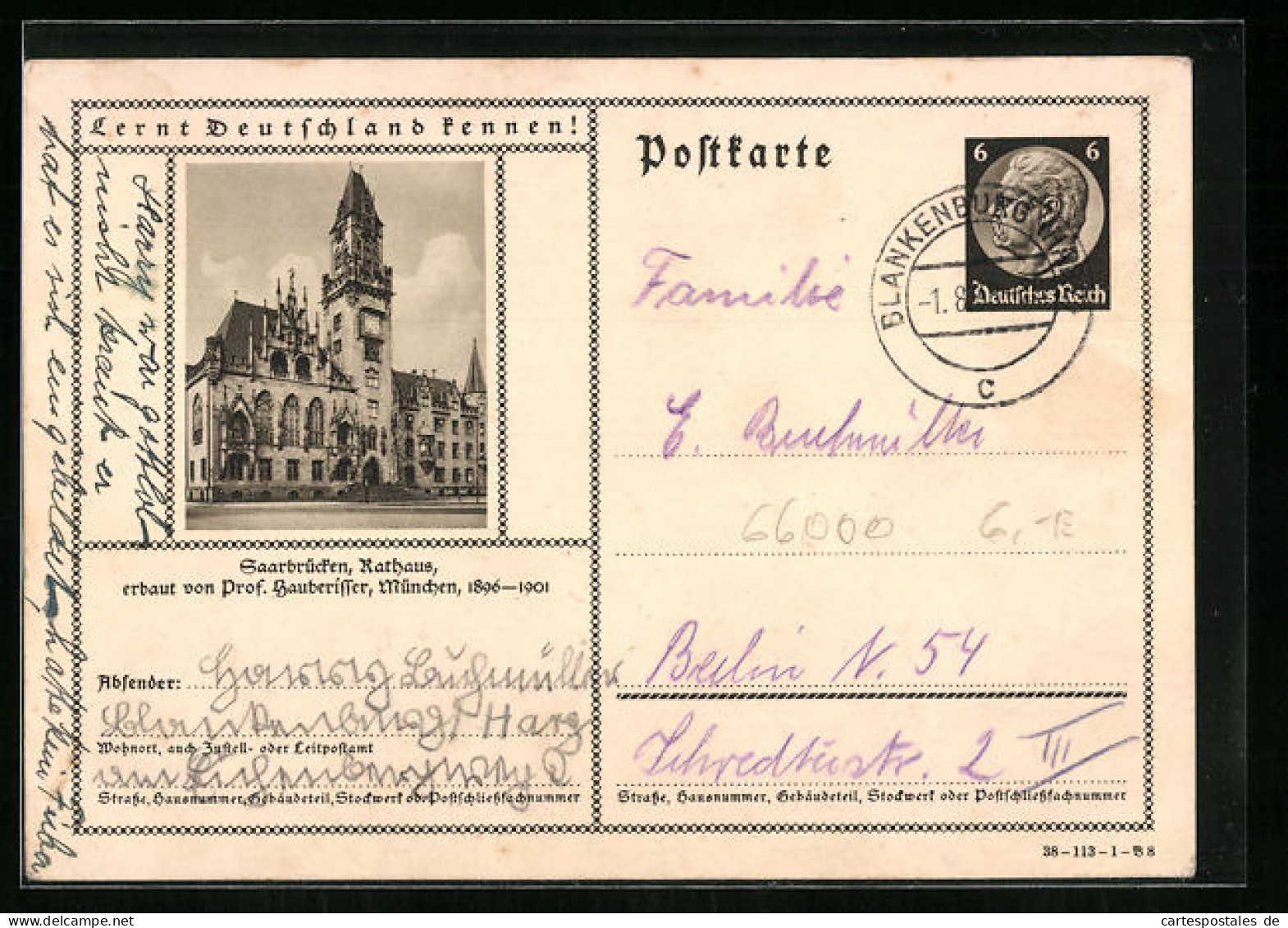 AK Saarbrücken, Rathaus, Ganzsache Lernt Deutschland Kennen  - Cartes Postales