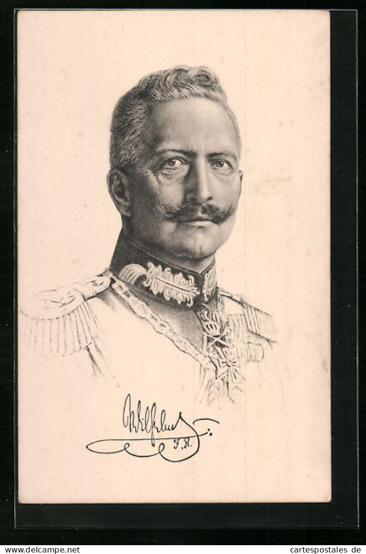 Künstler-AK Portrait Kaiser Wilhelm II. In Uniformjacke Mit Kragenspiegel  - Familles Royales