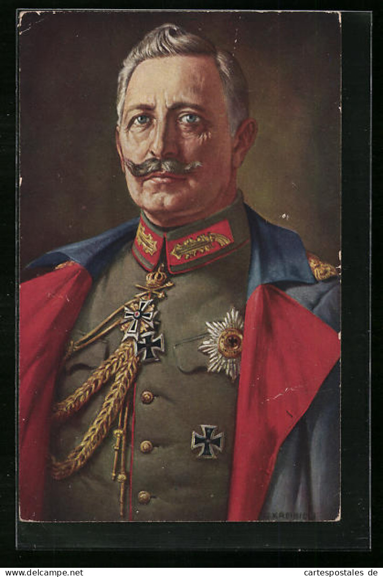 Künstler-AK Kaiser Wilhelm II. In Uniform Und Blauem Mantel  - Königshäuser