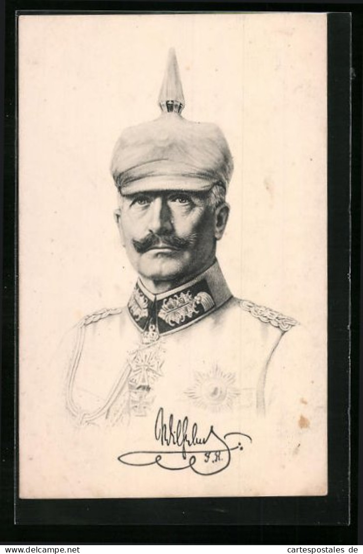 Künstler-AK Kaiser Wilhelm II. Im Portrait Mit Verzierter Uniform Und Pickelhaube  - Familles Royales