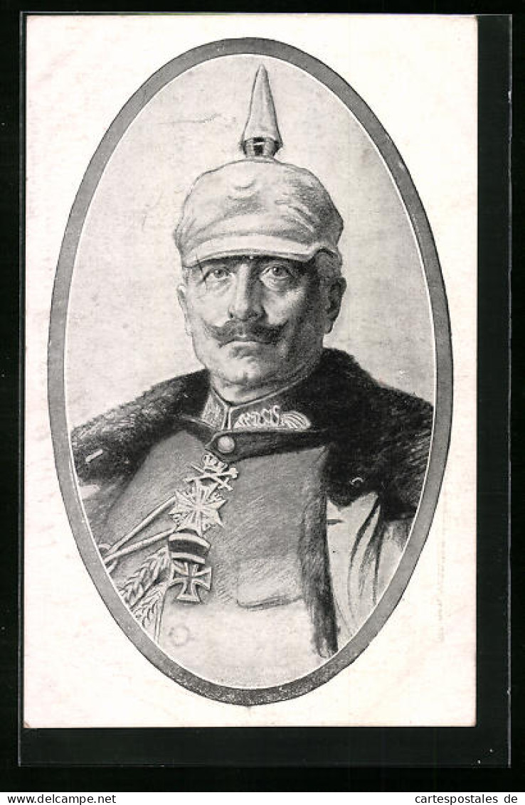 Künstler-AK Portrait Von Kaiser Wilhelm II. Mit Uniform Und Pickelhaube  - Familles Royales