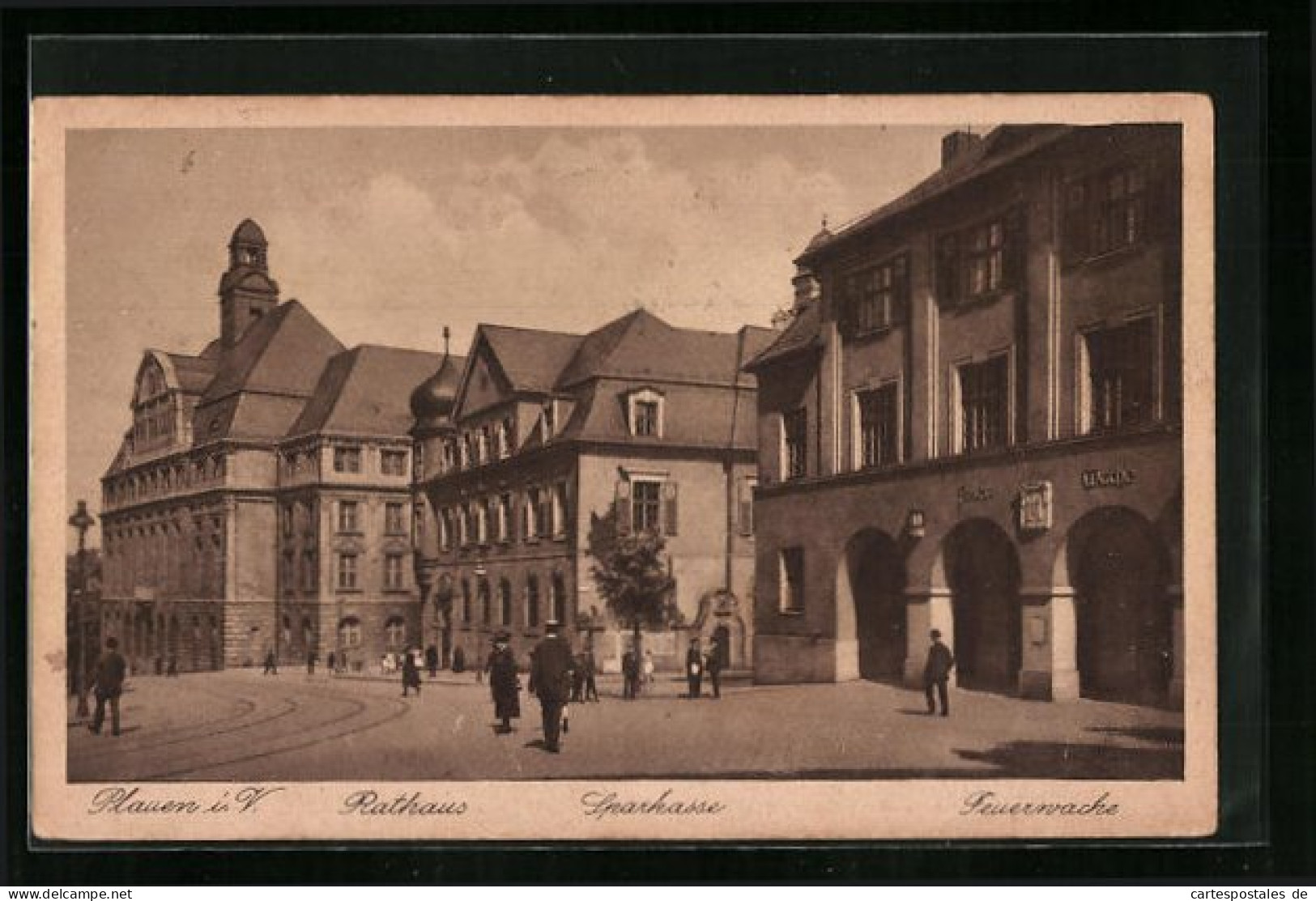 AK Plauen I. V., Rathaus, Sparkasse, Feuerwache  - Feuerwehr