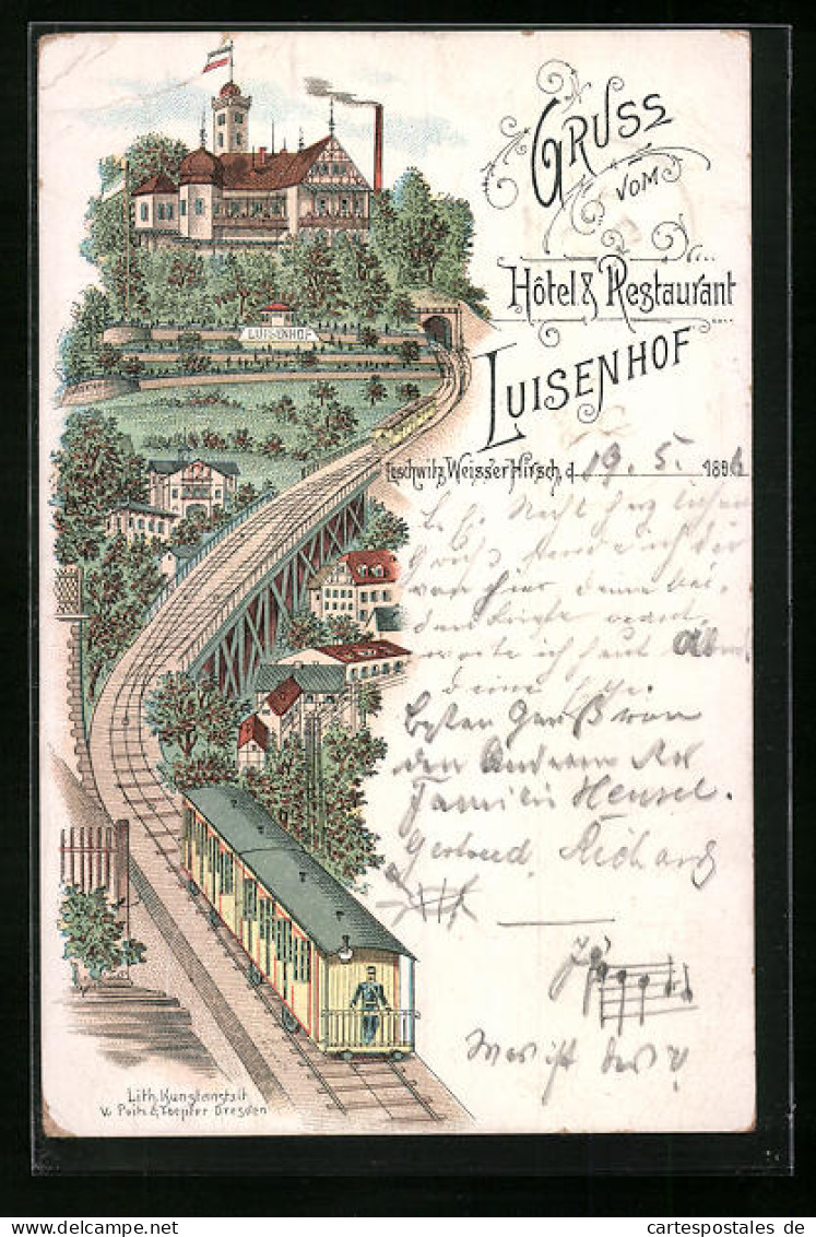 Lithographie Dresden-Weisser Hirsch, Hotel & Restaurant Luisenhof Und Bergbahn  - Dresden