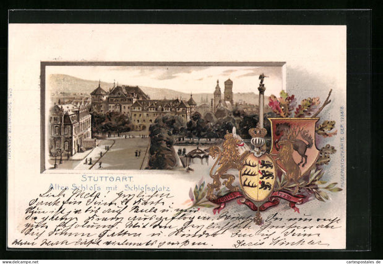 Passepartout-Lithographie Stuttgart, Altes Schloss Mit Schlossplatz, Wappen  - Other & Unclassified