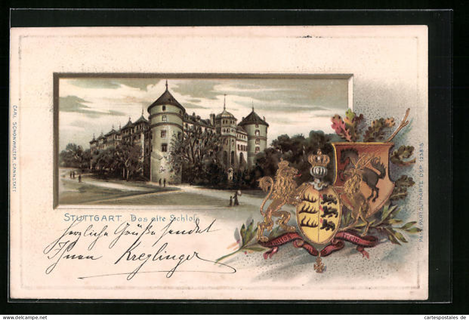 Passepartout-Lithographie Stuttgart, Das Alte Schloss, Wappen  - Other & Unclassified