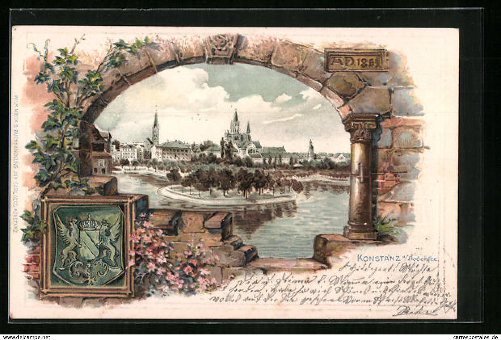 Passepartout-Lithographie Konstanz /Bodensee, Ortspartie Am Seeufer, Wappen  - Sonstige & Ohne Zuordnung