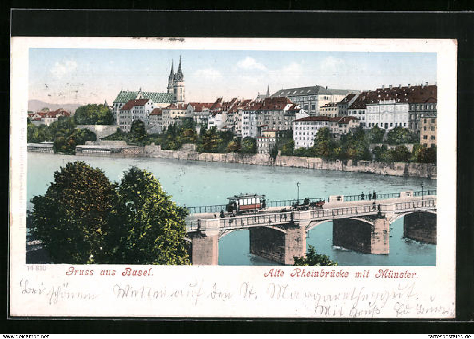 AK Basel, Alte Rheinbrücke Mit Strassenbahn Gegen Münster  - Tram