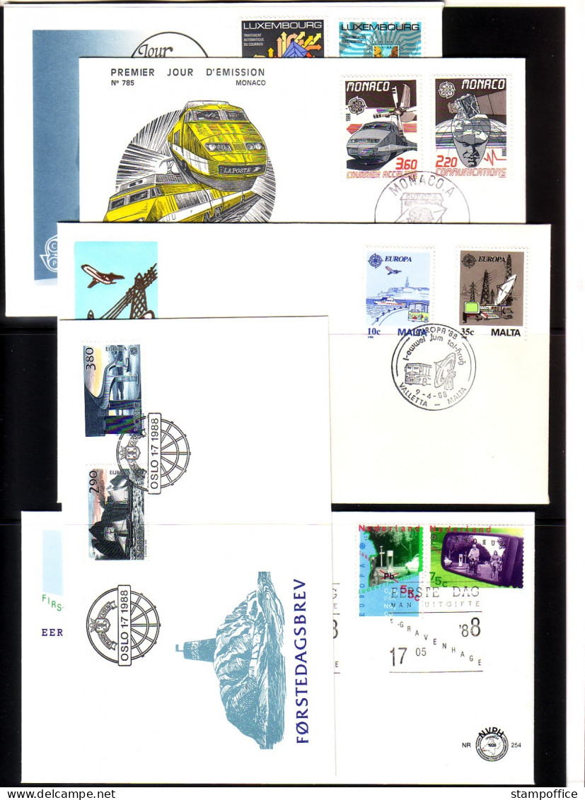 EUROPA CEPT JAHRGANG 1988 FDC TRANSPORT- Und KOMMUNIKATIONSMITTEL EISENBAHN FLUGZEUG KUTSCHE SCHIFF - 1988