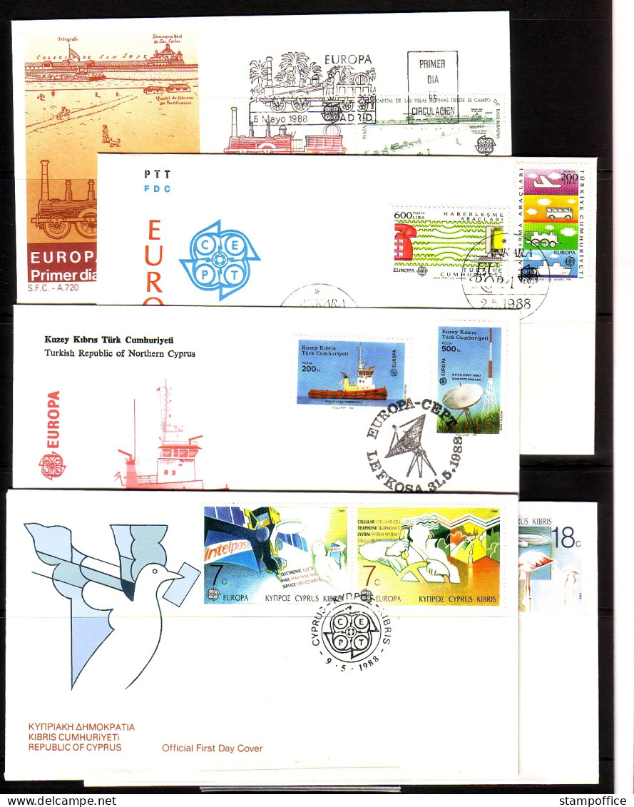 EUROPA CEPT JAHRGANG 1988 FDC TRANSPORT- und KOMMUNIKATIONSMITTEL EISENBAHN FLUGZEUG KUTSCHE SCHIFF