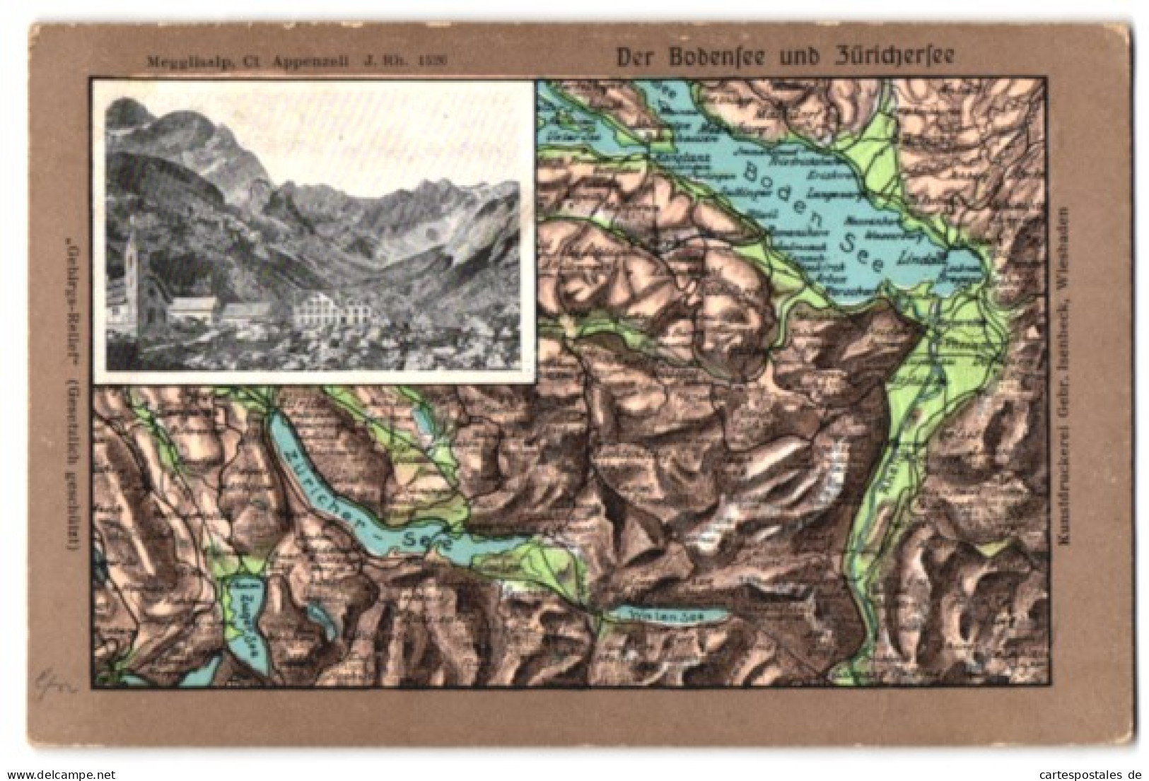 Relief-AK Meglisalp, Landkarte Mit Gebirgsrelief Vom Bodensee Und Zürichersee  - Other & Unclassified